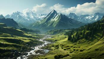 AI generated Majestic mountain peak reflects tranquil meadow in summer beauty generated by AI photo
