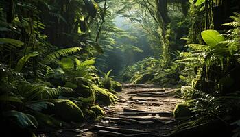 ai generado tranquilo escena verde helechos, mojado sendero, misterioso tropical selva generado por ai foto