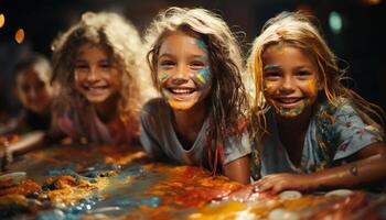 AI generated A group of cheerful children painting, enjoying creativity together generated by AI photo