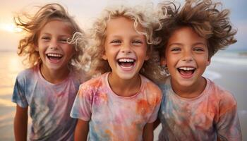 AI generated Children playing outdoors, smiling, laughing, enjoying summer, carefree and happy generated by AI photo