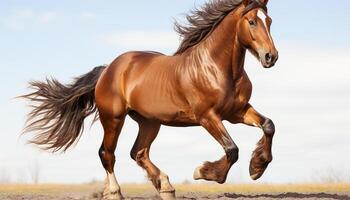 AI generated Running stallion in meadow, mane flowing, embodying freedom and beauty generated by AI photo