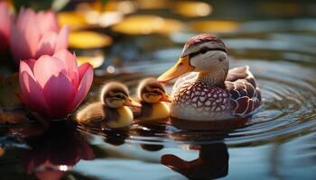 AI generated Cute duckling quacking in pond, surrounded by nature beauty generated by AI photo