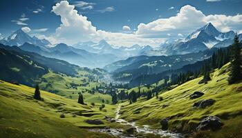 AI generated Majestic mountain peak, green meadow, tranquil forest, summer adventure generated by AI photo