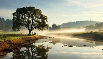 AI generated Tranquil scene  foggy forest reflects on calm water generated by AI photo