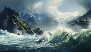 AI generated Majestic mountain peak, crashing wave, spray, flowing water, blue sky generated by AI photo