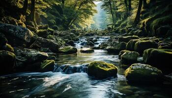 AI generated Tranquil scene  flowing water, green trees, mountain range, wilderness generated by AI photo