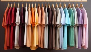 ai generado un vibrante colección de multi de colores camisas colgando en un boutique generado por ai foto