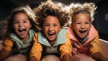 AI generated Smiling children playing, laughing, screaming, joyful, cute, and carefree generated by AI photo