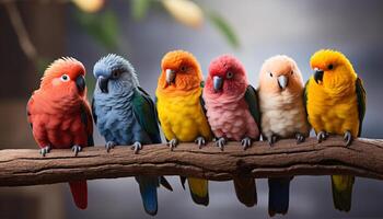AI generated Cute macaw perching on branch, vibrant colors in nature generated by AI photo