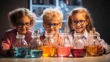 ai generado sonriente niños en un química laboratorio, aprendizaje y teniendo divertido generado por ai foto