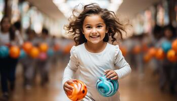 ai generado sonriente niño jugando, alegre y lindo, adentro con alegre divertido generado por ai foto