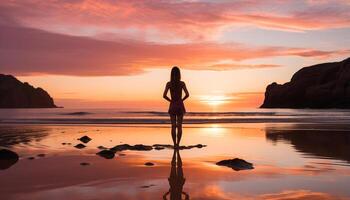 AI generated One woman meditating, surrounded by tranquil nature and water generated by AI photo