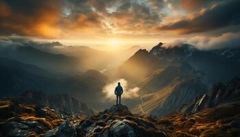 AI generated One person standing on top of majestic mountain peak at sunrise generated by AI photo