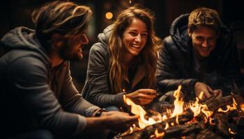 ai generado joven adultos disfrutando un hoguera, reír, y unión juntos generado por ai foto