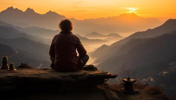 AI generated One person sitting, meditating, surrounded by serene nature generated by AI photo