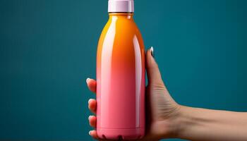 AI generated A woman hand holding a blue bottle of refreshing drink generated by AI photo