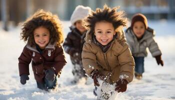 ai generado sonriente niños jugando al aire libre en invierno, vistiendo calentar ropa generado por ai foto