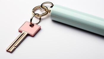 AI generated Metal key chain with gold padlock symbolizes home security generated by AI photo