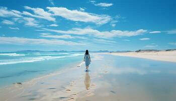 ai generado hombres y mujer caminando en el arenoso playa, disfrutando naturaleza generado por ai foto