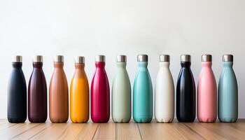 AI generated A colorful collection of bottles on a wooden table generated by AI photo