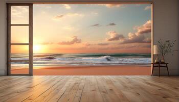 AI generated Sunset over the water, wood flooring, nature beauty indoors generated by AI photo