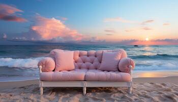 AI generated Idyllic summer sunset, tranquil beach, comfortable sofa, yellow twilight generated by AI photo