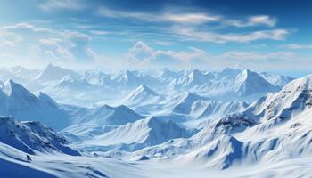 AI generated Winter landscape  majestic mountain range, snow covered peaks, tranquil scene generated by AI photo