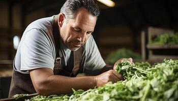 AI generated A mature man working in a greenhouse, holding fresh vegetables generated by AI photo