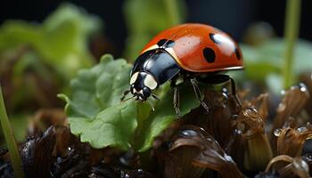 AI generated A cute ladybug sitting on a wet leaf in springtime generated by AI photo
