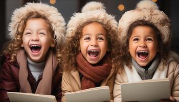 ai generado sonriente niño, alegre felicidad, linda muchachas y Niños jugando generado por ai foto