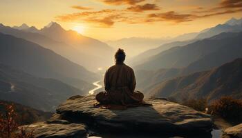 AI generated One person meditating, surrounded by serene nature and mountains generated by AI photo