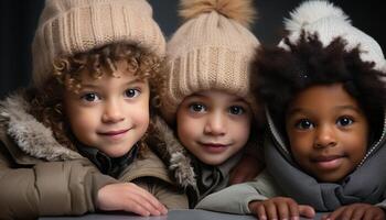 ai generado sonriente niños en invierno, linda y alegre, mirando a cámara generado por ai foto