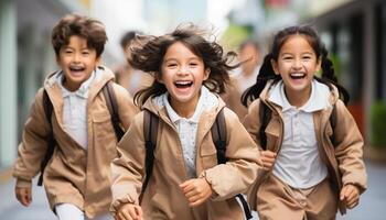 ai generado sonriente niños, alegre y lindo, disfrutando educación al aire libre con amistad generado por ai foto