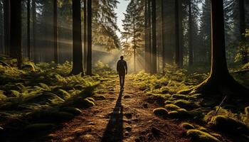 ai generado uno persona excursionismo mediante brumoso bosque, abrazando soledad y misterio generado por ai foto