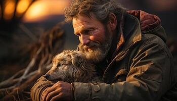 ai generado hombre y perro abrazo en el al aire libre, radiante puro felicidad generado por ai foto