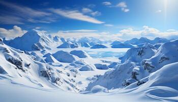 AI generated Frozen mountain peak in tranquil winter landscape, a breathtaking adventure generated by AI photo