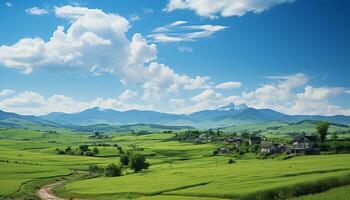AI generated Idyllic rural landscape  green meadows, majestic mountains, and clear skies generated by AI photo