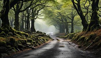 AI generated Spooky mystery in dark forest, autumn leaves on old tree generated by AI photo