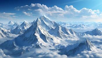 AI generated Majestic mountain peak, snow covered landscape, tranquil winter adventure generated by AI photo