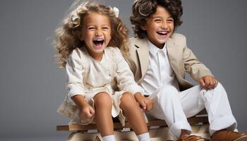 AI generated Two cute boys and girls sitting, laughing, and playing together generated by AI photo