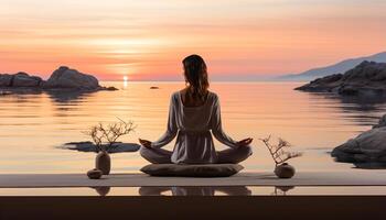 AI generated One woman meditating in lotus position, finding harmony outdoors generated by AI photo