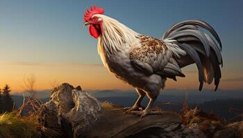 AI generated Majestic rooster standing in nature, crowing at sunrise generated by AI photo