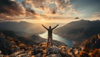 ai generado uno persona en pie en montaña cima, brazos aumentó, aplausos generado por ai foto