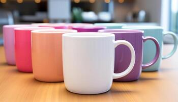 AI generated A stack of colorful coffee cups on a wooden table generated by AI photo