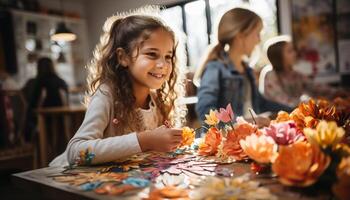 ai generado dos muchachas sentado a un mesa, sonriente, pintura flores juntos generado por ai foto