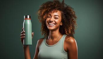 AI generated Young woman with curly hair smiling, looking at camera confidently generated by AI photo