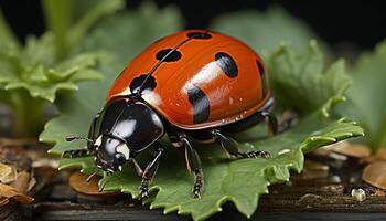 AI generated Cute ladybug crawling on green leaf in nature beauty generated by AI photo