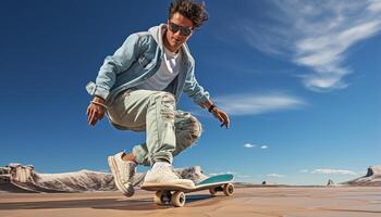 AI generated Young adult Caucasian man skateboarding outdoors, jumping with sunglasses, having fun generated by AI photo