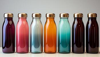 AI generated A collection of fresh, healthy fruit drinks in glass bottles generated by AI photo