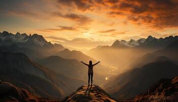 AI generated One person standing on top of mountain, arms raised, joyful generated by AI photo